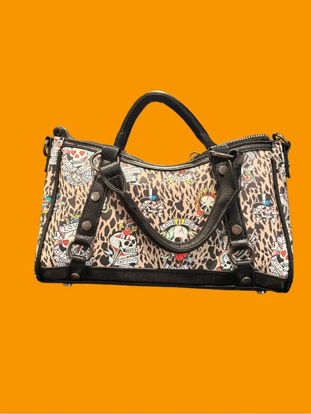 Leopard Print Satchel Handbag with Tattoo Motif - Black Trim - Ed Hardy